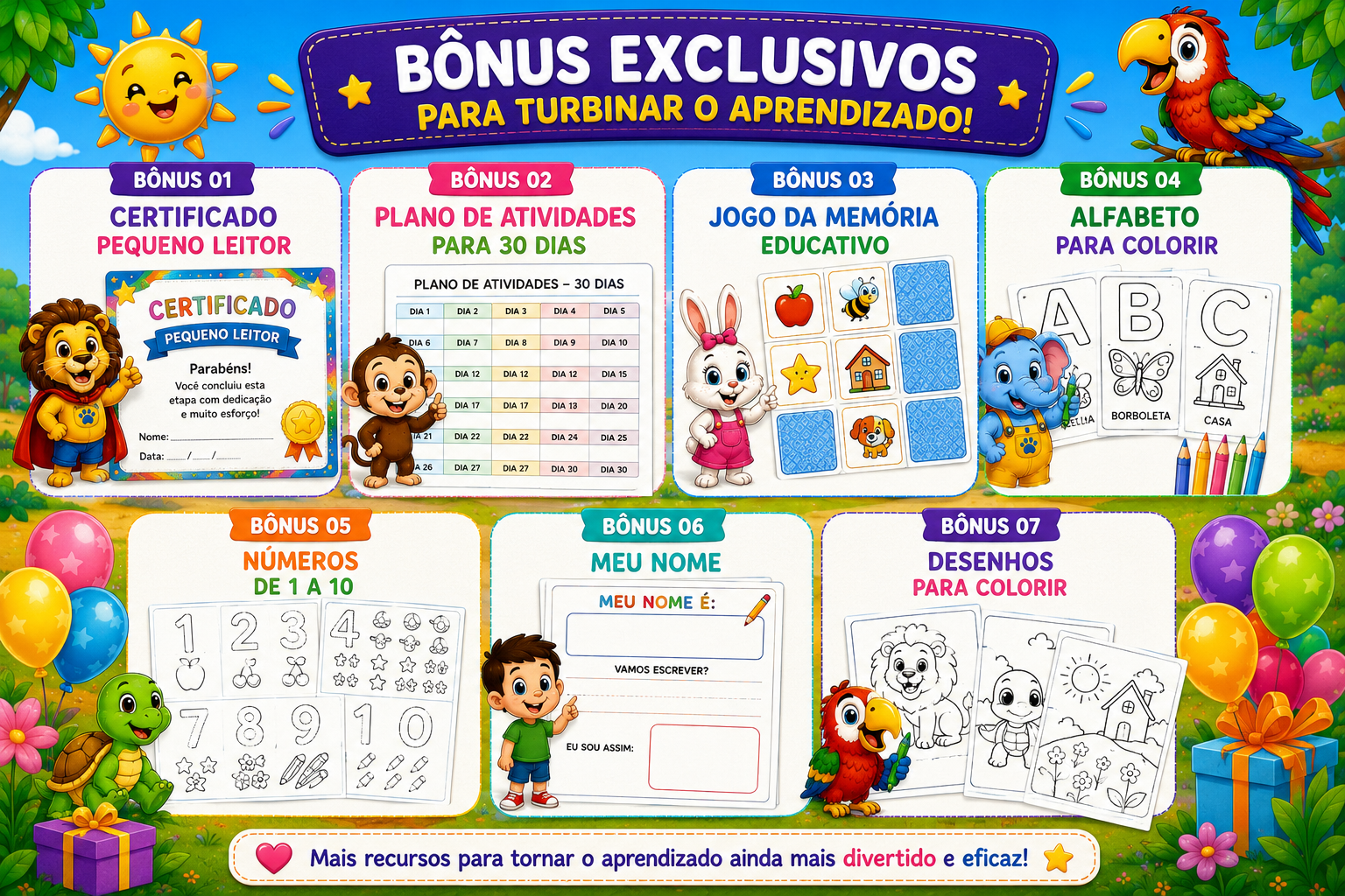 Mockups dos bônus do Kit Alfabetização Divertida